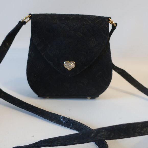 Womens Scassi Black Lace Crystal Heart Crossbody Shoulder Handbag - Picture 1 of 11